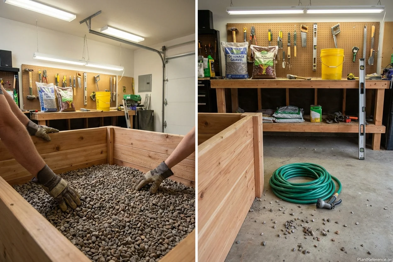 Installing gravel drainage layer in raised bed for improved water drainage