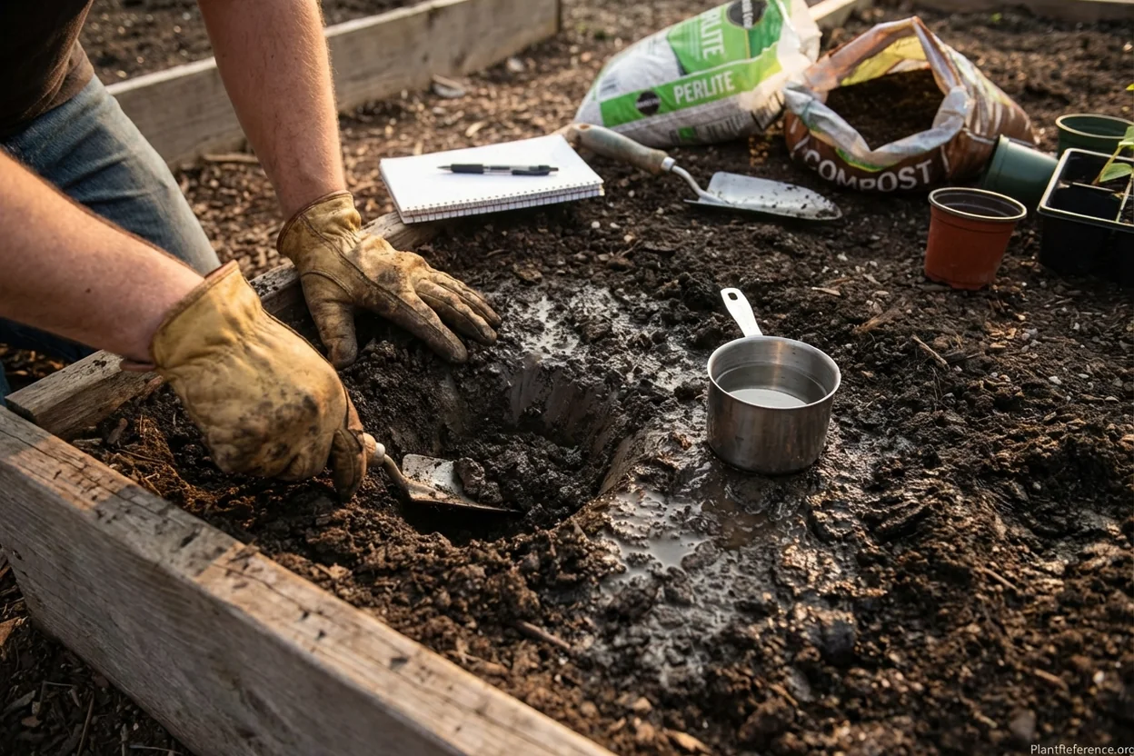 Testing raised bed drainage by digging test hole and timing water drainage