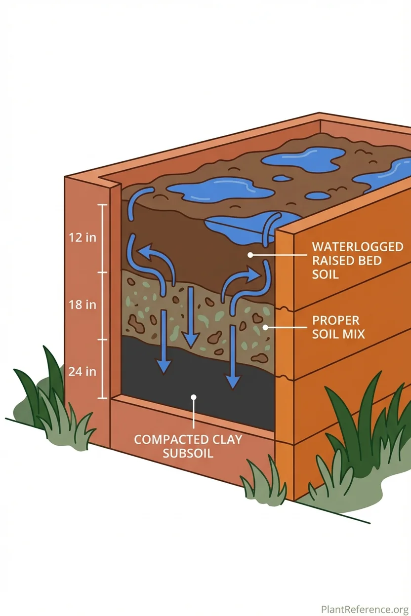 Cross-section showing soil layers and drainage problems in raised bed construction