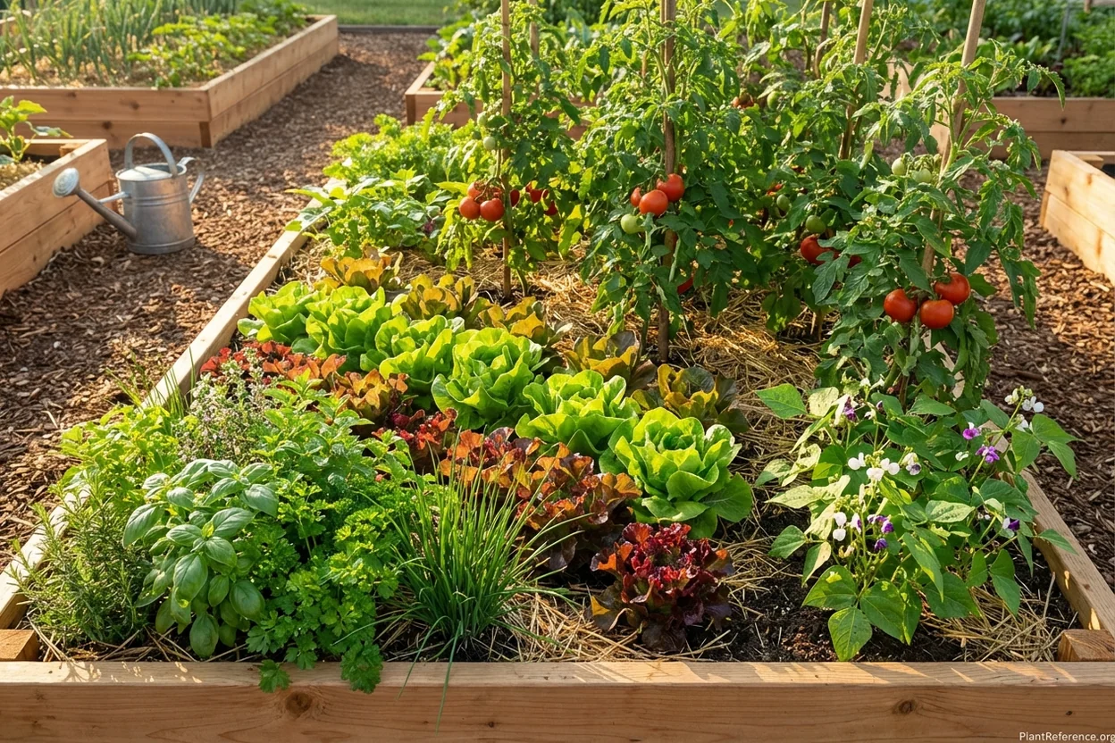 Raised bed garden with tomatoes, lettuce, herbs, and beans growing successfully together