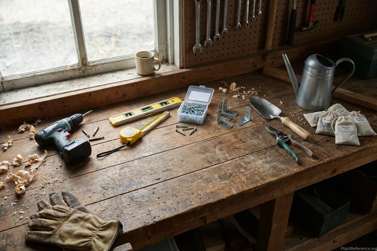 Essential gardening tools for raised bed construction and maintenance including drill, screws, trowel, and measuring tape
