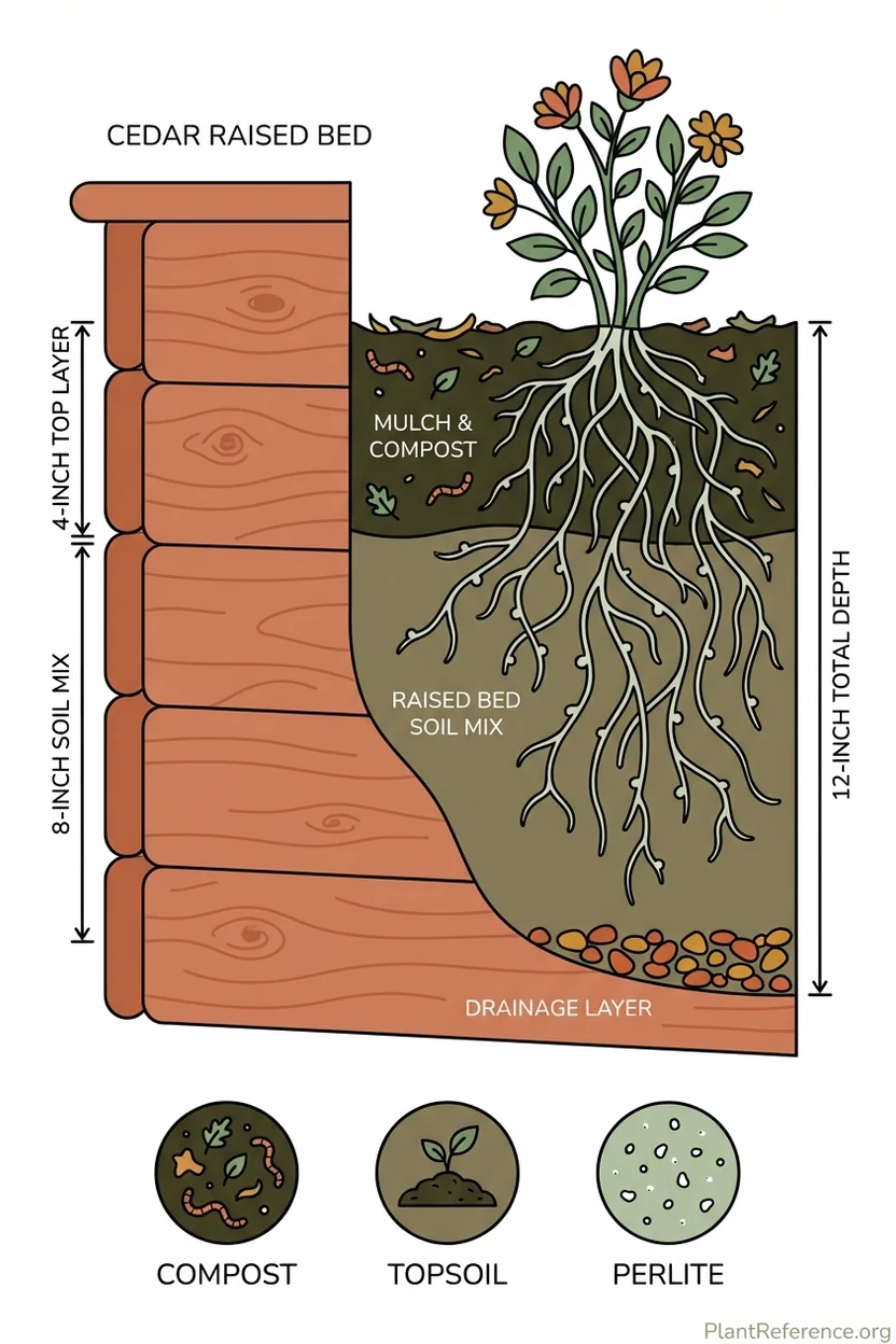 Cross-section of raised bed showing layered soil mix with healthy plant roots throughout different levels