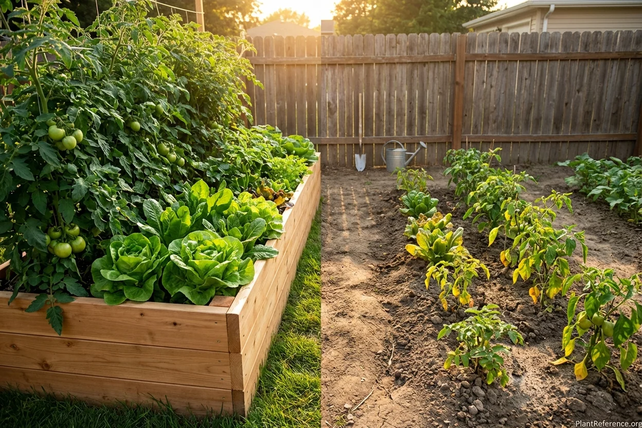 Side-by-side comparison of thriving raised bed vegetables versus struggling plants in traditional ground garden