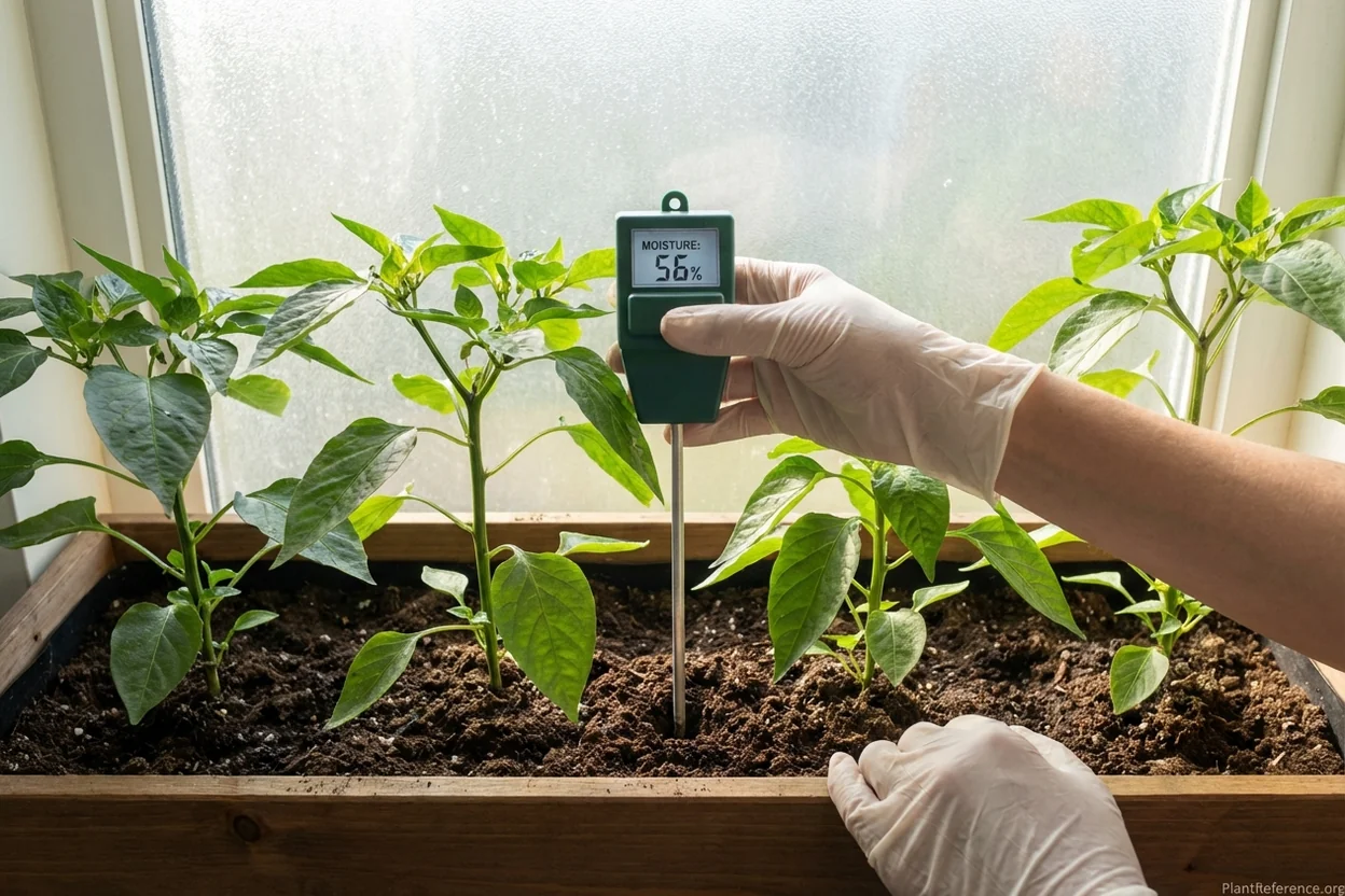 Digital soil moisture meter inserted into raised bed soil showing moisture level reading on LCD display