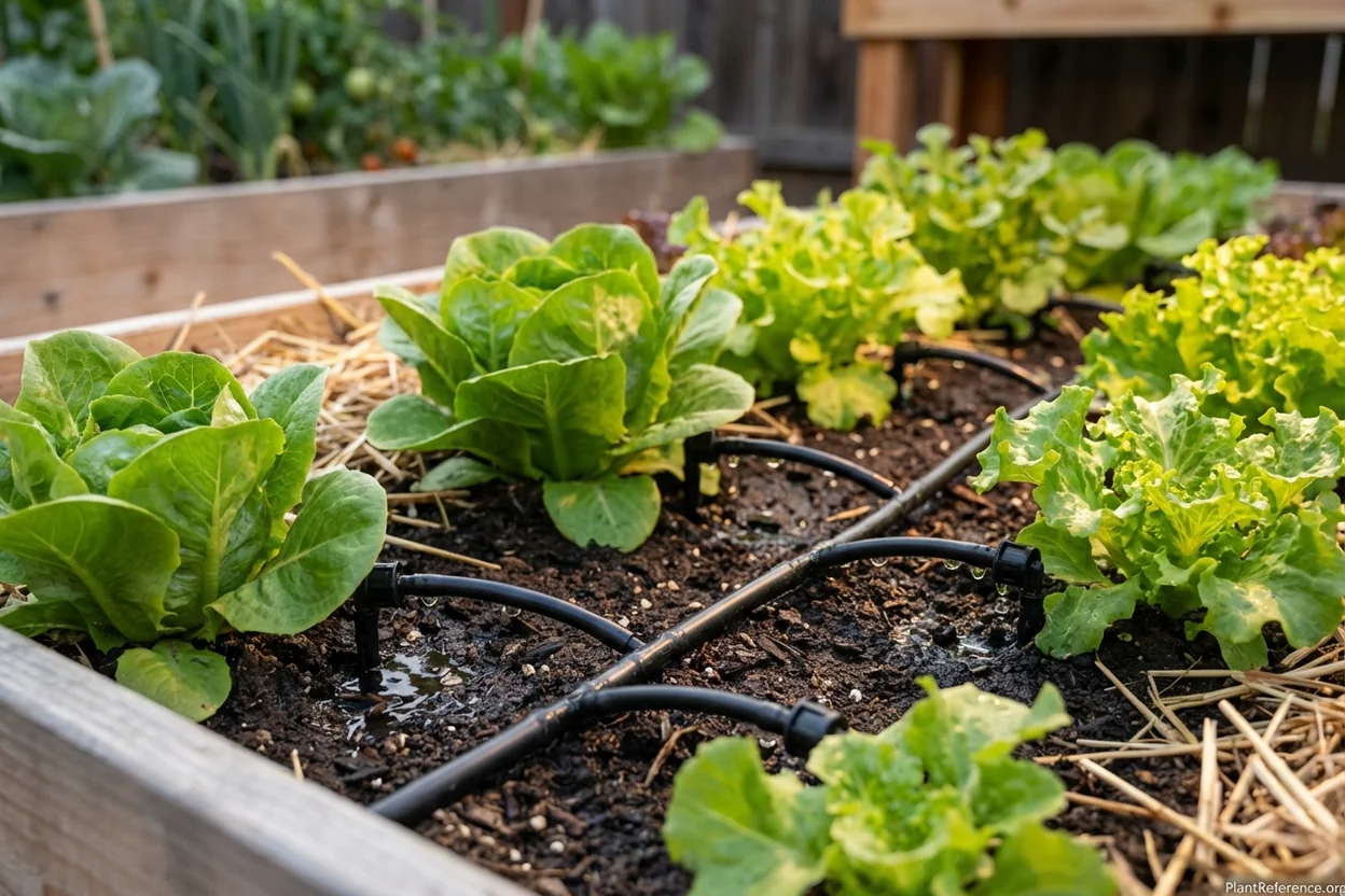 Drip irrigation emitters attached to tubing delivering precise water amounts to raised bed vegetable plants