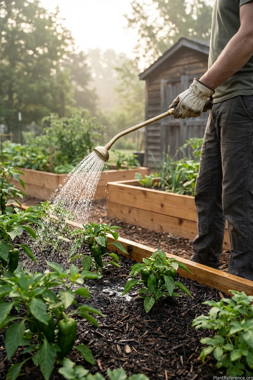 Gardener using long-handled watering wand to water raised bed vegetables at soil level in morning