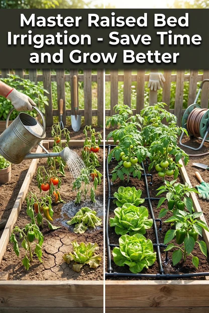 Raised bed irrigation system comparison showing water efficiency and plant health benefits