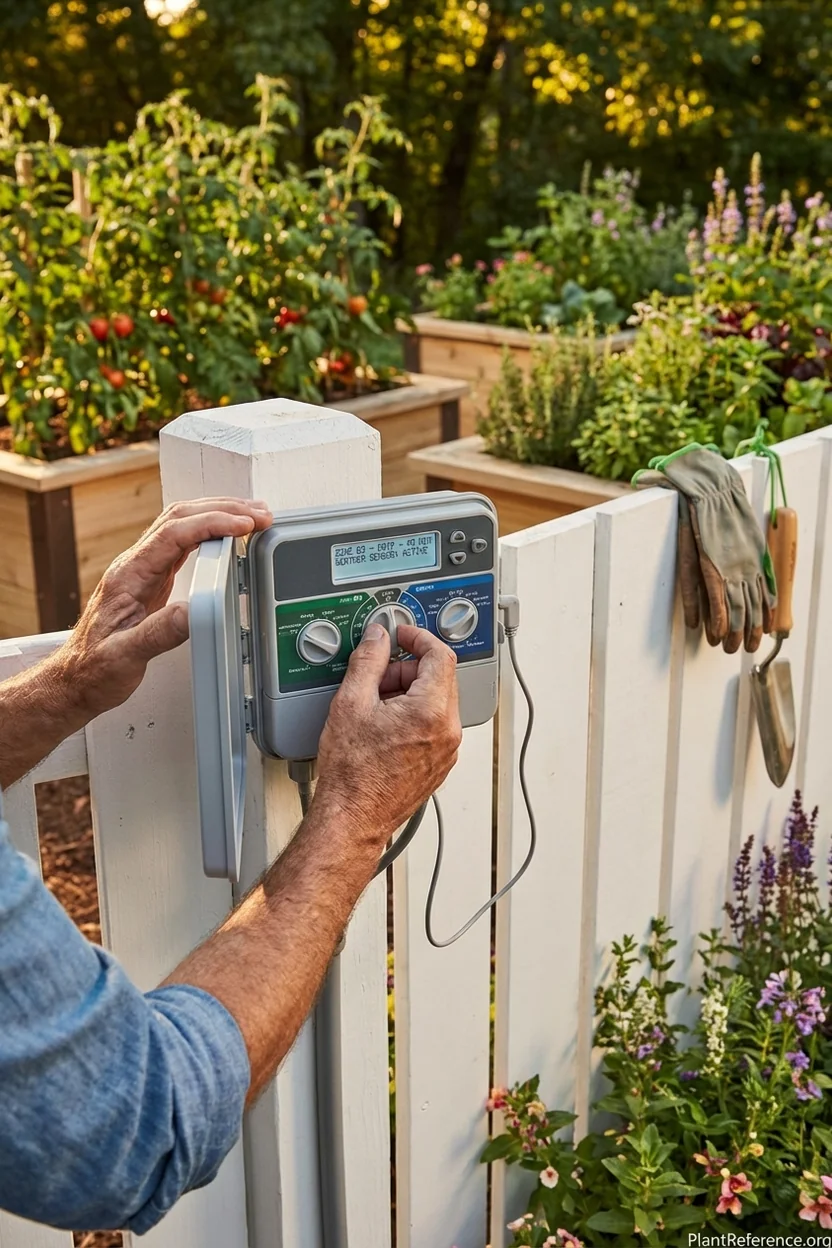 Digital irrigation timer controller mounted on garden fence showing multiple zone programming and weather sensor attachment