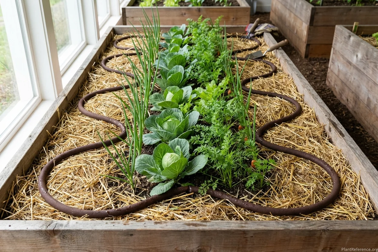 Brown soaker hose laid in serpentine pattern through raised bed vegetables with mulch covering