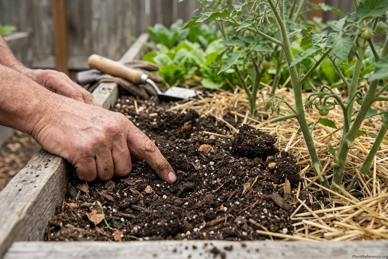 Gardener testing soil moisture depth by inserting finger into raised bed soil around tomato plants