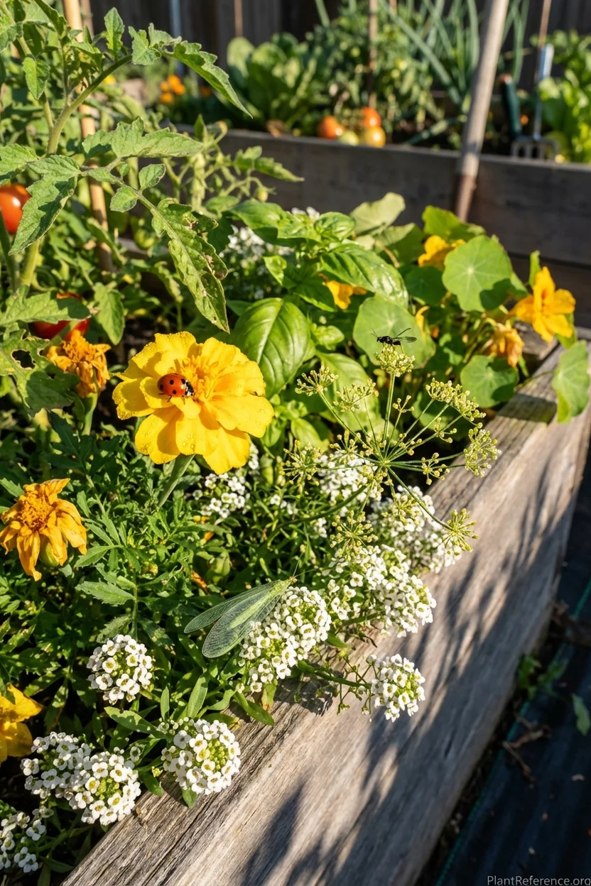 Ladybugs and beneficial insects on marigold flowers in raised bed providing organic pest control