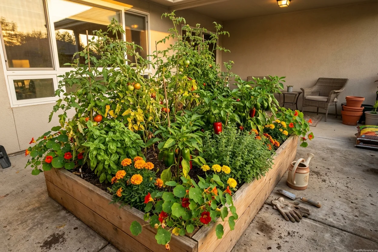 Mixed companion planting in raised bed with marigolds, herbs, and vegetables for natural pest control