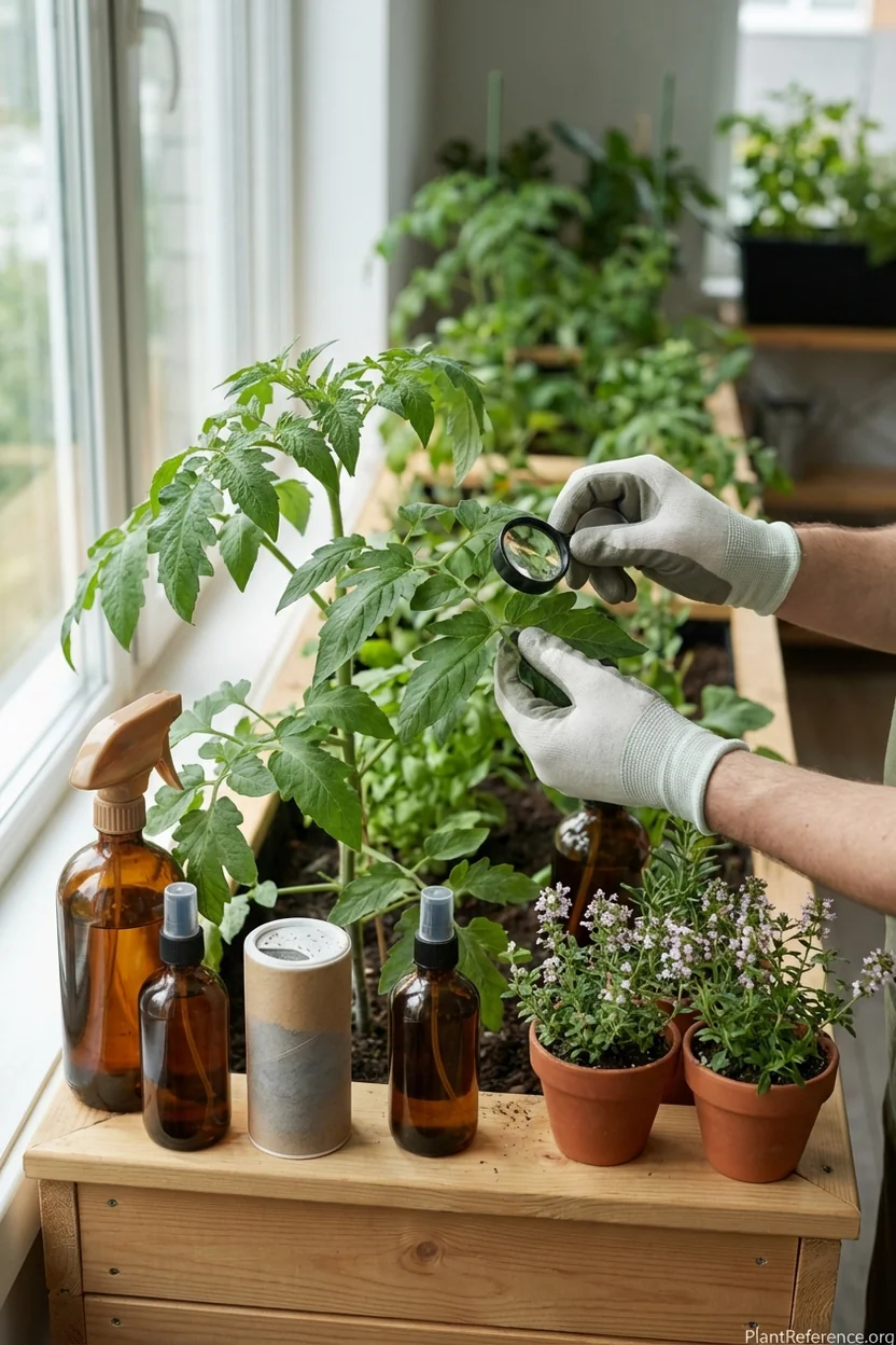 Gardener examining raised bed plants for pest damage with organic pest control products and tools nearby