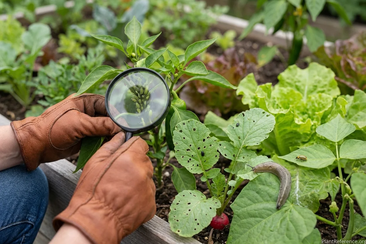 Close-up identification guide showing common pests in raised beds including aphids, slugs, and beetle damage on vegetable leaves