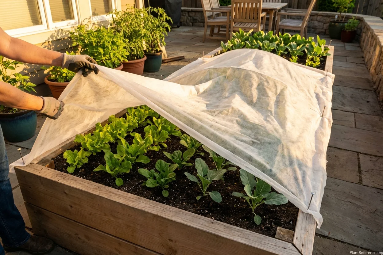 Floating row covers protecting raised bed vegetables from aphids and other common garden pests