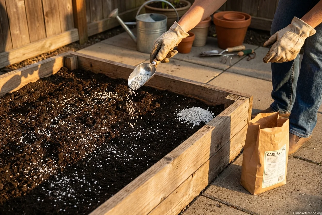 Hands spreading agricultural lime evenly across raised bed soil surface