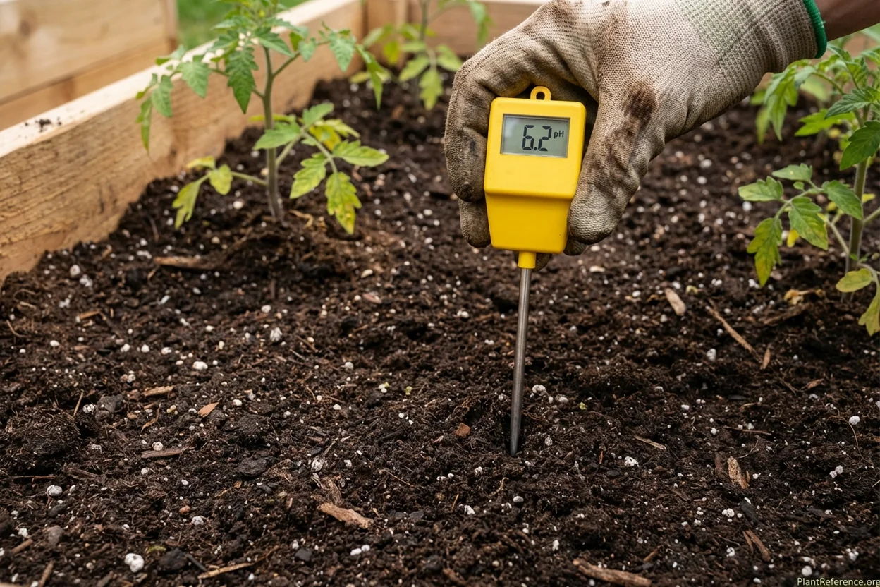 Hand holding digital pH meter inserted into raised bed soil showing pH reading
