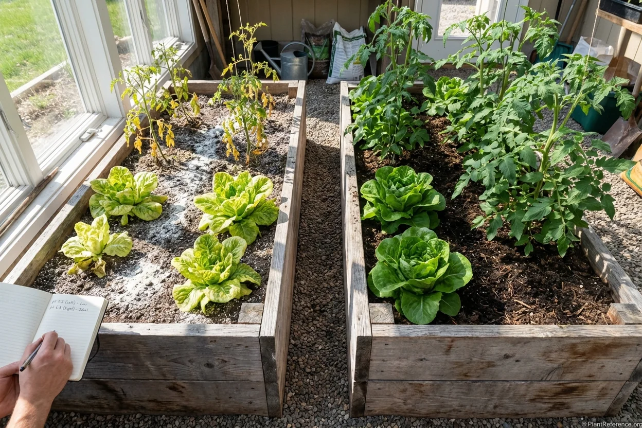 Side-by-side comparison of healthy plants versus pH-stressed plants in raised beds