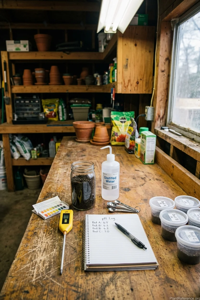 Complete pH testing setup showing digital meter, test strips, and soil samples