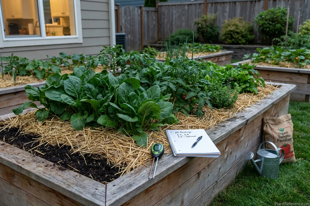 Well-maintained raised bed showing proper mulching and pH monitoring setup