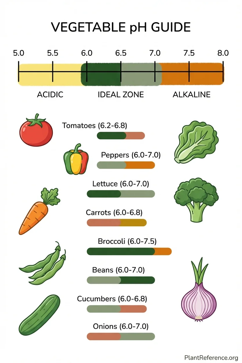 Visual guide showing optimal pH ranges for common raised bed vegetables