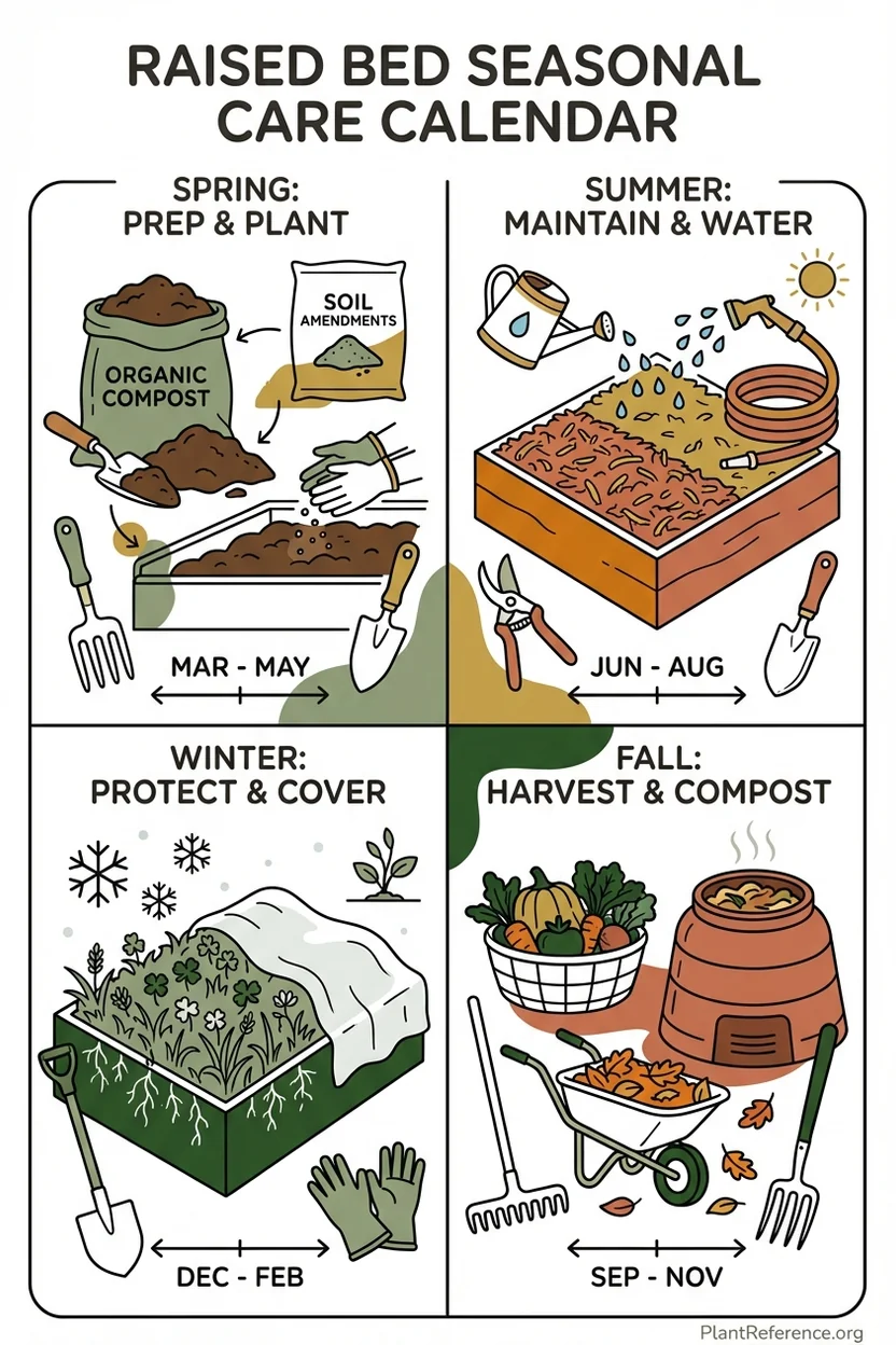 Seasonal maintenance schedule for raised beds showing timing for soil amendments and settling prevention