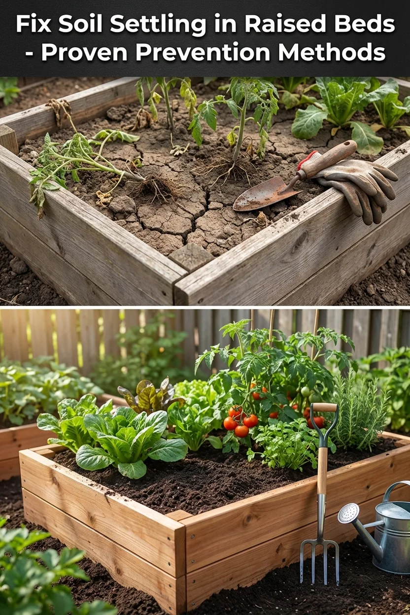 Raised bed soil settling solutions with before and after comparison showing prevention methods