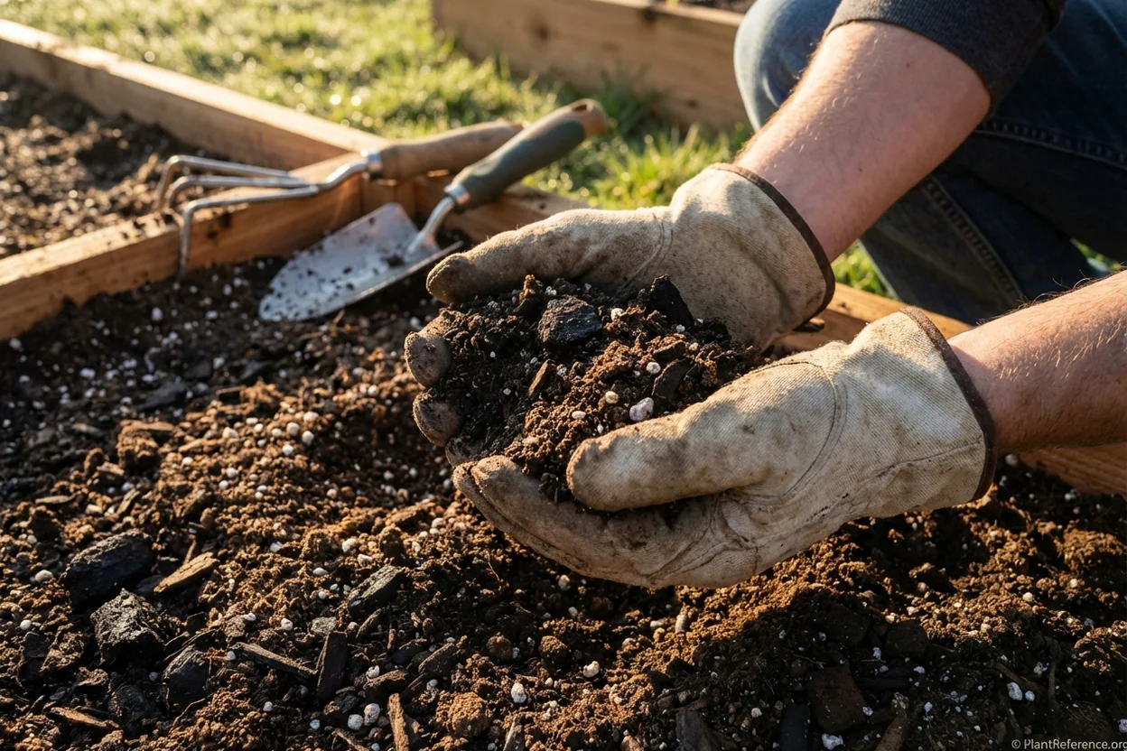 Hands examining raised bed soil structure showing compost and soil components that cause settling