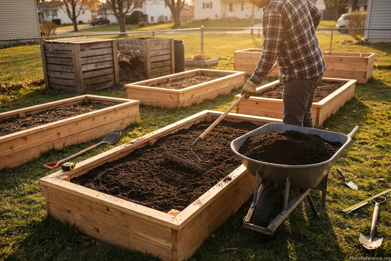 Top-dressing raised garden bed with quality soil to fix settling and restore proper levels