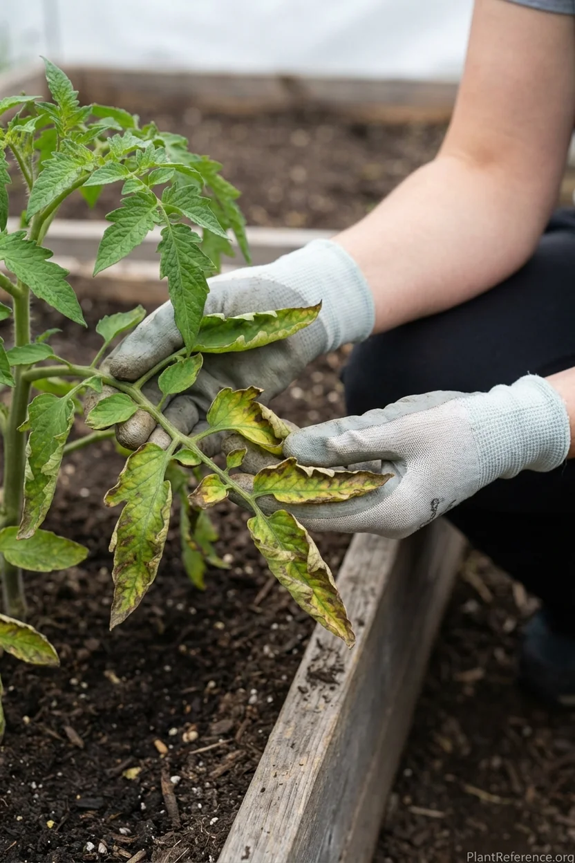 Tomato plant leaves showing heat stress symptoms with curling and brown edges