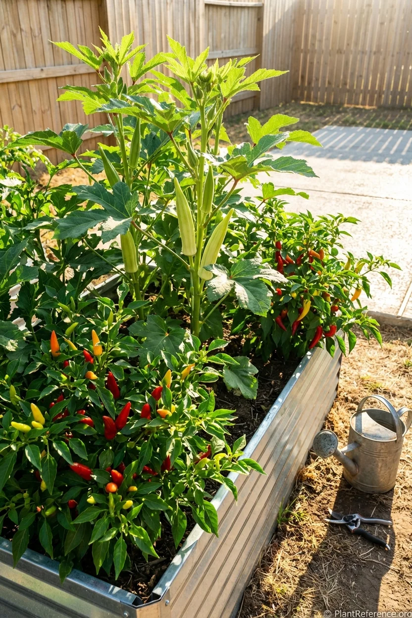 Heat-tolerant okra and peppers thriving in hot raised bed during summer