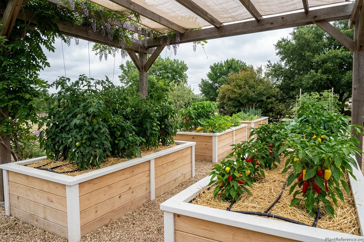 Raised bed with permanent shade structure and heat prevention modifications