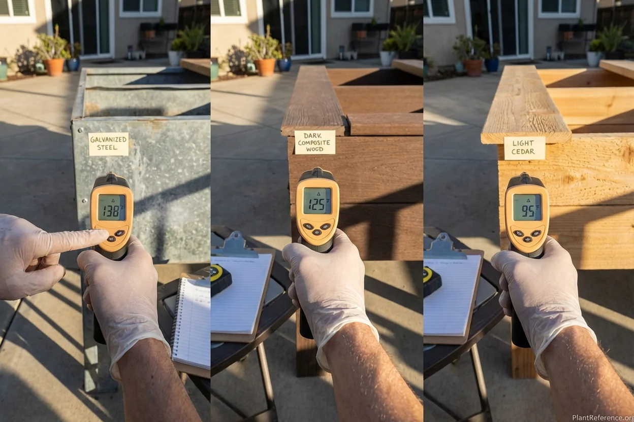 Infrared thermometer showing temperature differences between metal and wood raised bed materials