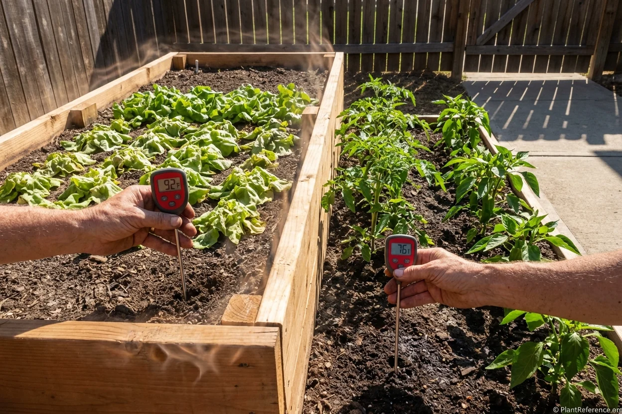 Digital thermometer showing soil temperature difference between raised bed and ground garden