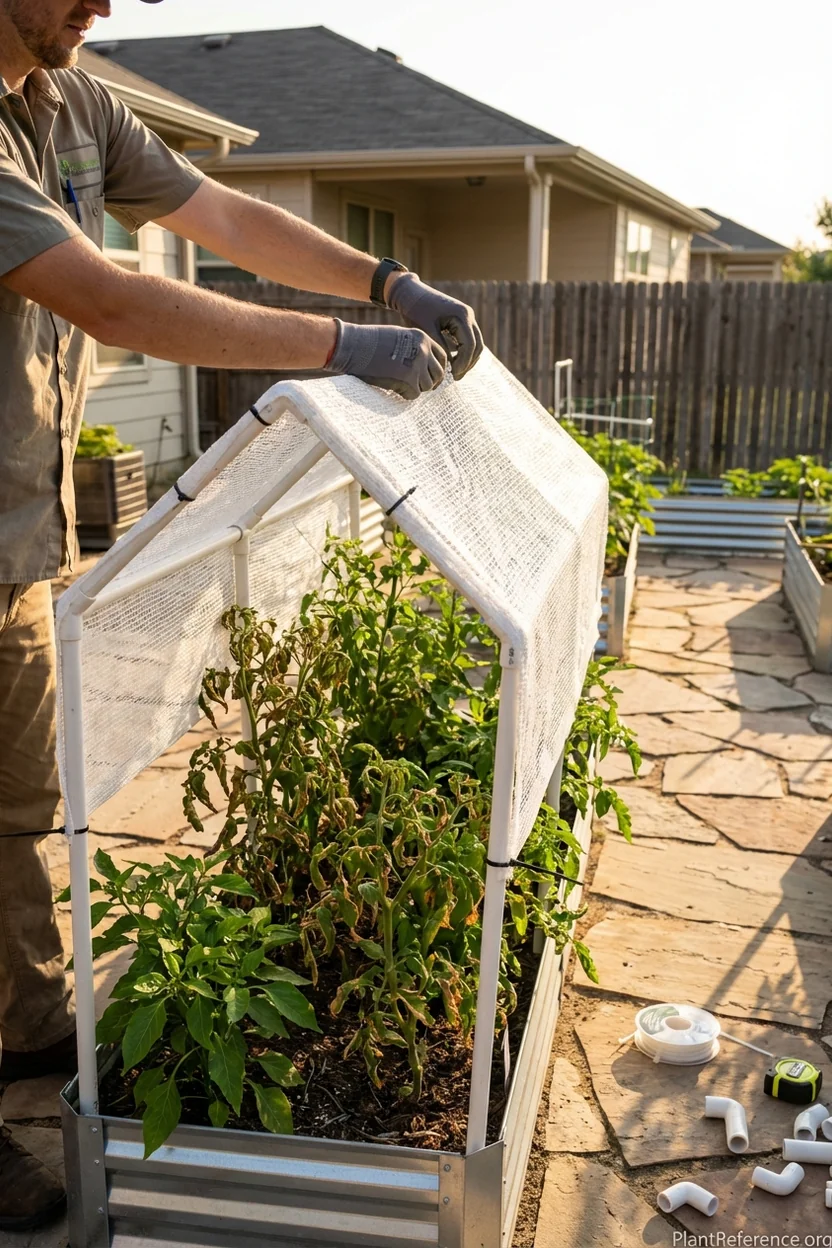 Installing shade cloth over raised bed to protect plants from summer heat stress
