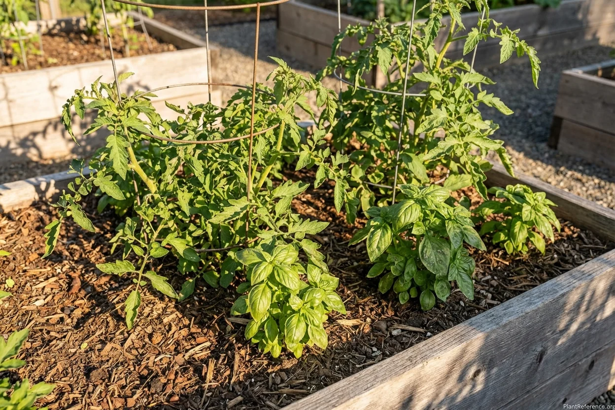 Companion planting layout showing tomato and basil combination in raised bed vegetable garden