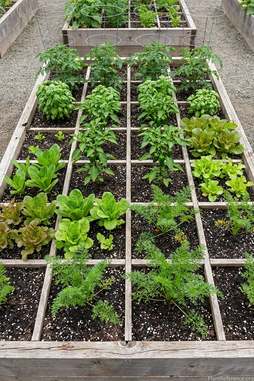 Complete 4x8 raised bed vegetable garden layout plan with measurements and plant spacing labels