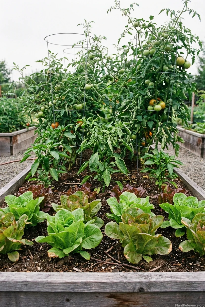 Raised bed vegetable garden layout showing height arrangement from short to tall plants preventing shading