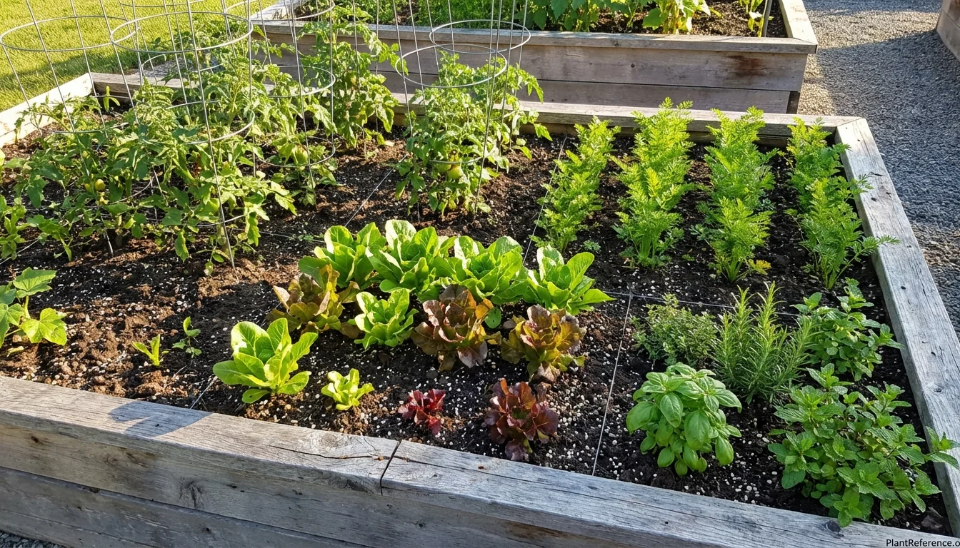 Raised bed vegetable garden layout with tomatoes, lettuce, carrots and herbs in organized square foot sections