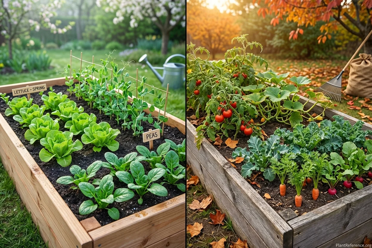 Raised bed vegetable garden layout showing spring versus fall crop rotation for year-round production