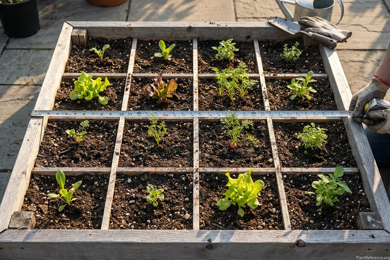 Square foot gardening spacing measurement in raised bed showing 12-inch grid pattern for vegetable layout