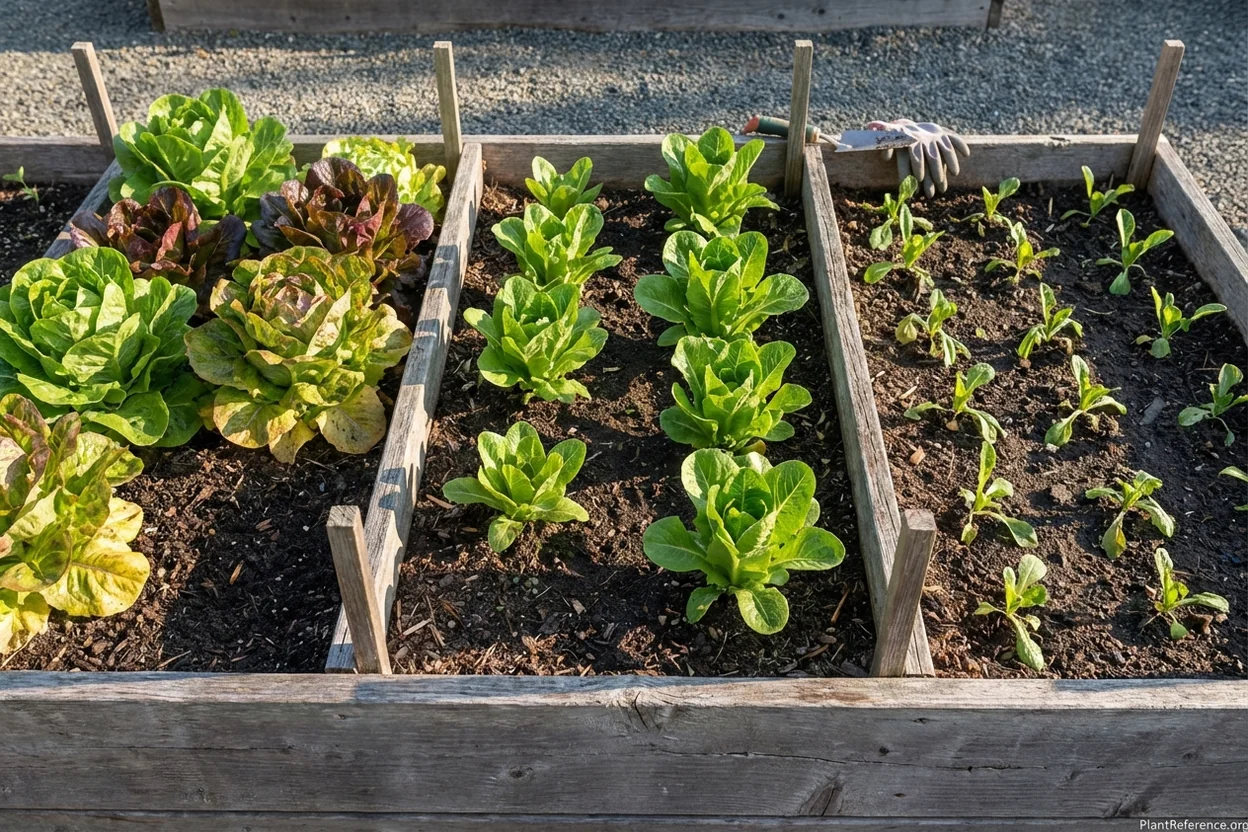 Succession planting layout in raised bed showing lettuce at various growth stages for continuous harvest