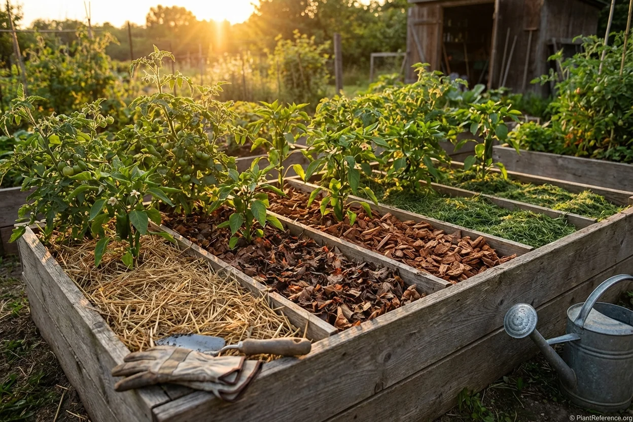 Different organic mulch materials around plants showing weed suppression techniques