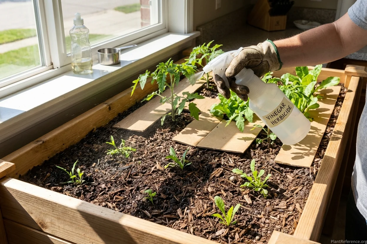 Applying organic vinegar herbicide to weeds in raised bed garden