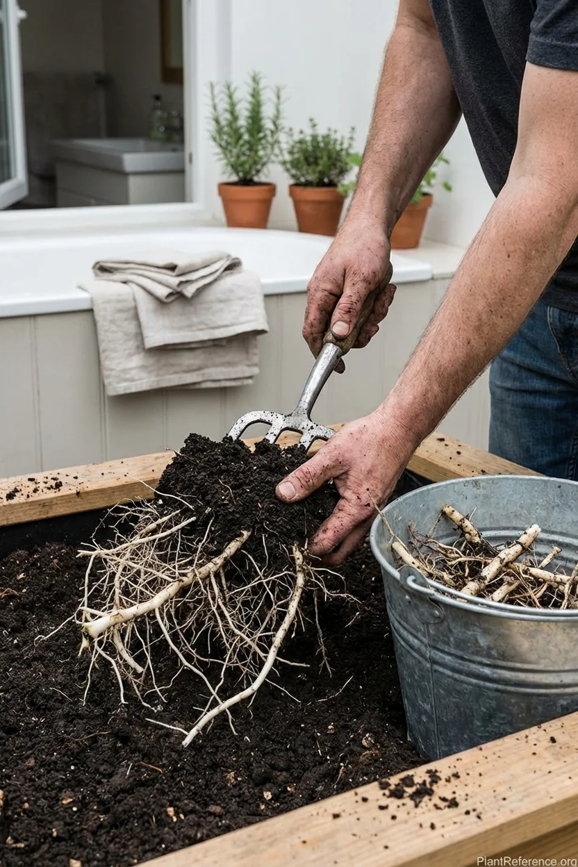 Extensive perennial weed root system being removed from raised bed soil