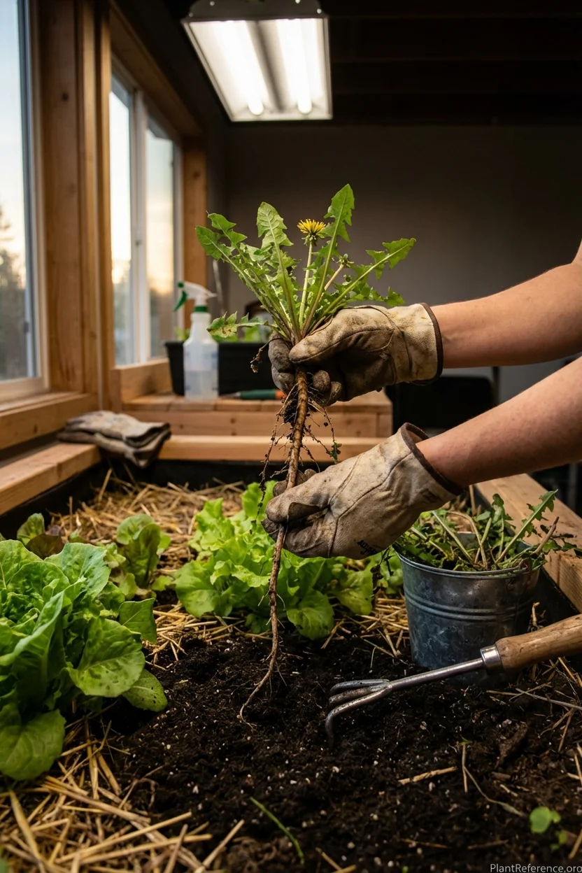 Proper hand weeding technique showing complete root removal from raised bed