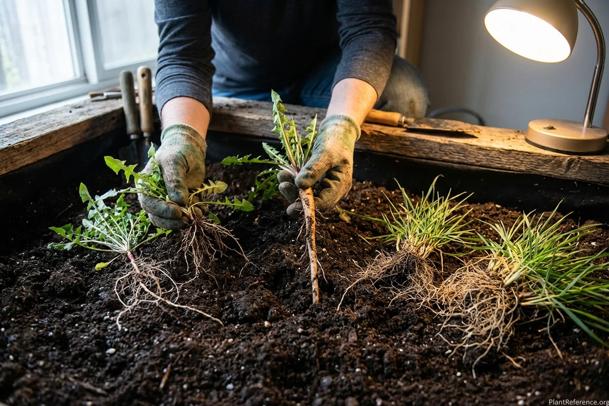 Different types of weeds in raised bed showing annual and perennial varieties
