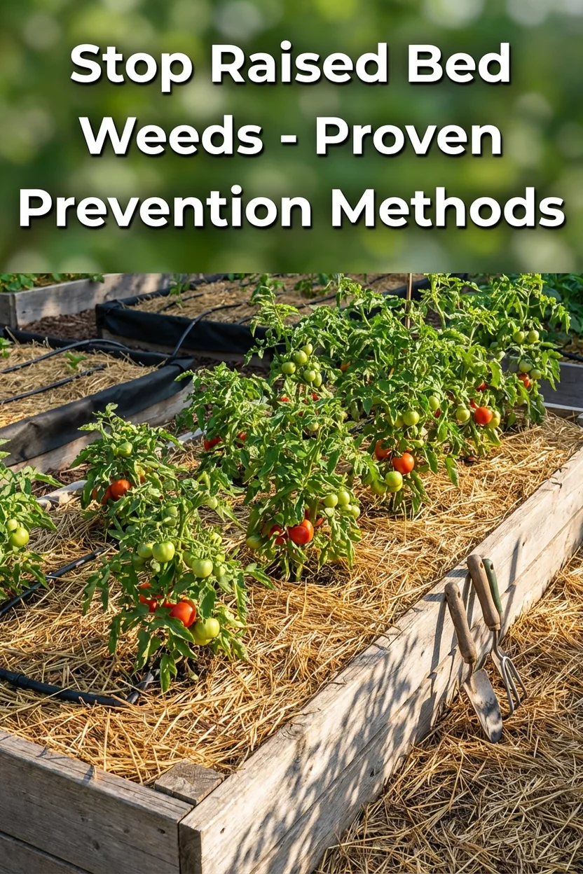 Raised bed weed prevention guide showing mulching and barrier methods