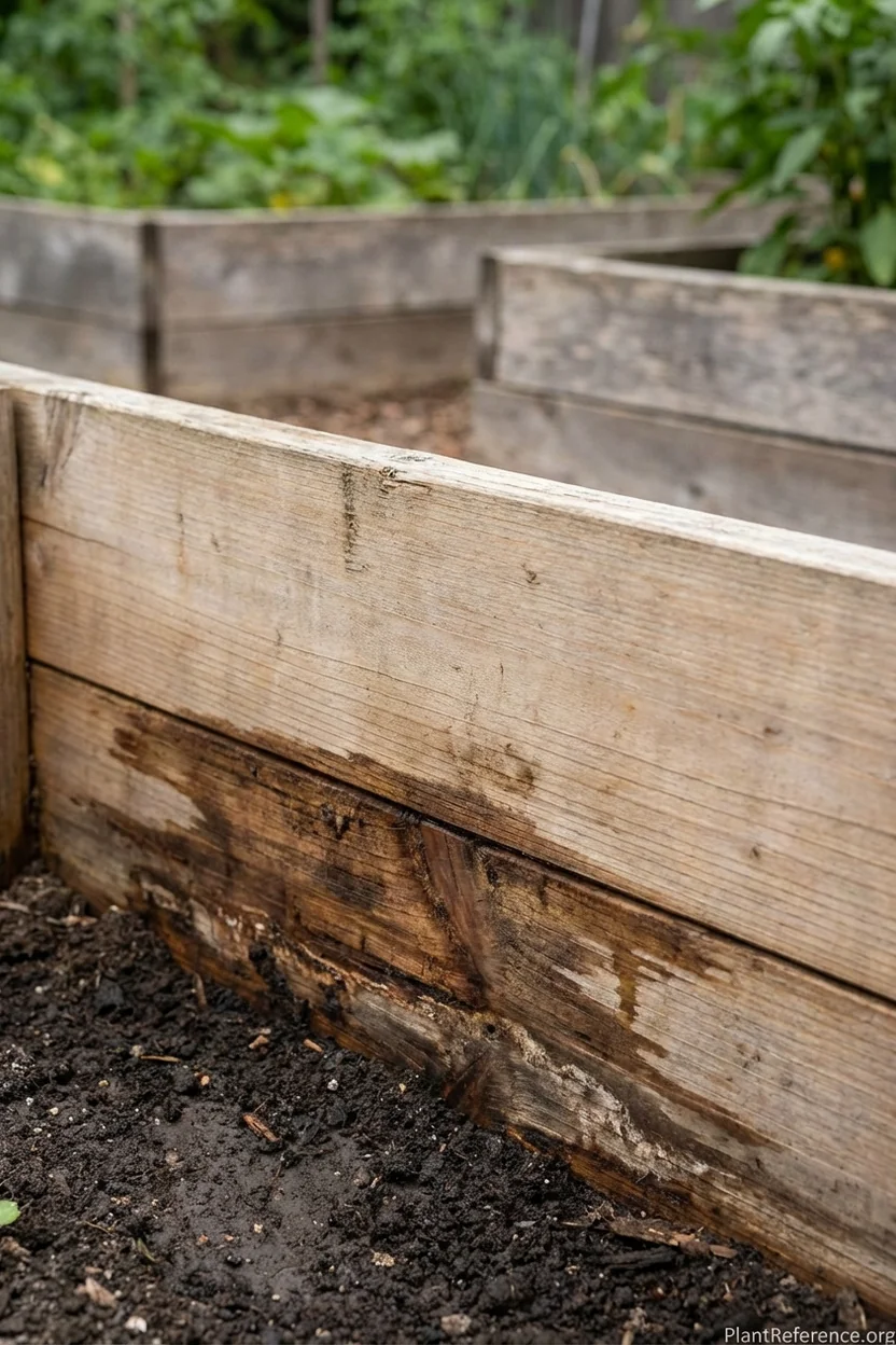 Wood rot damage at soil contact line showing moisture penetration and decay