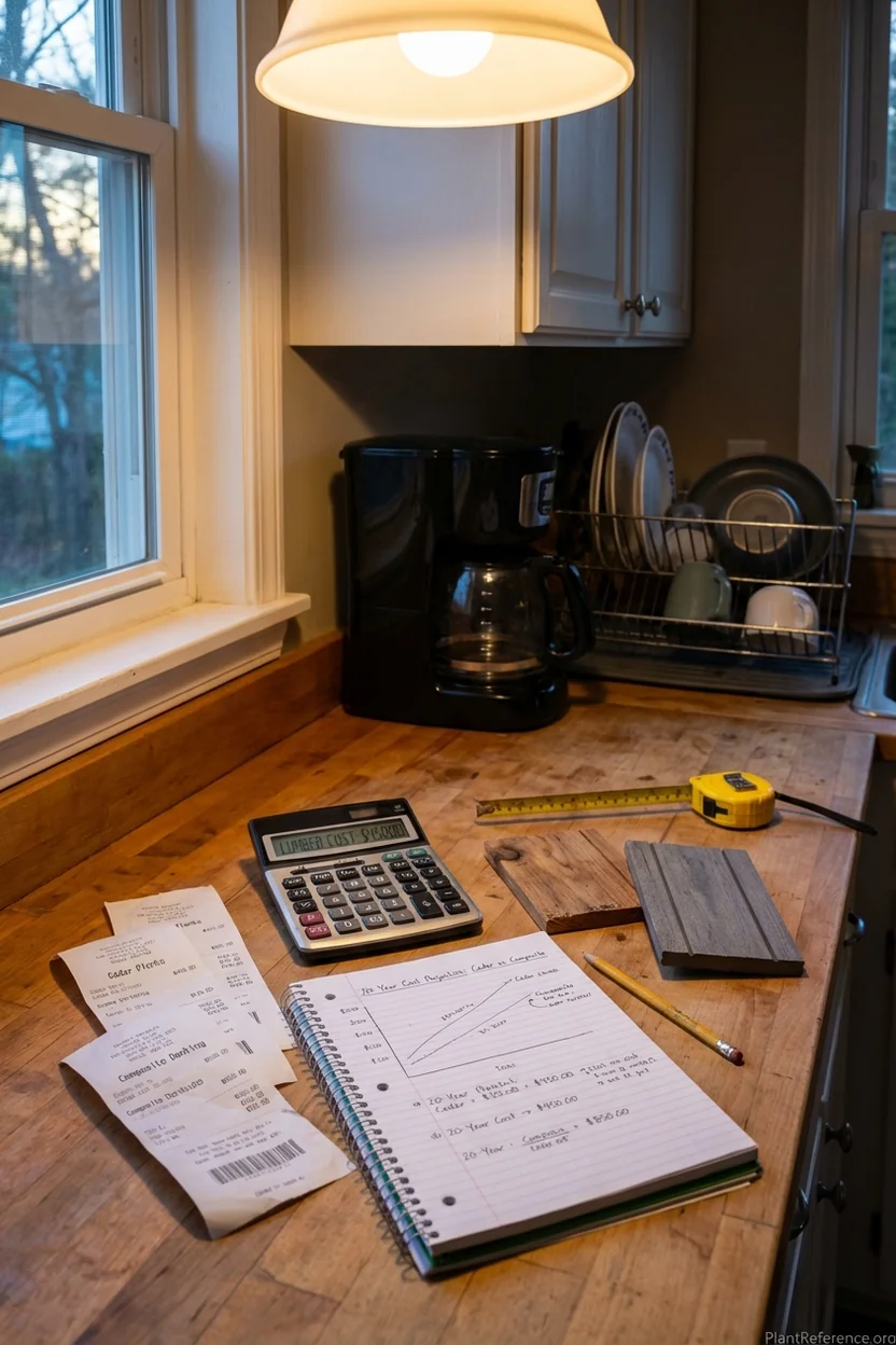 Cost analysis materials showing calculator and receipts for raised bed repair versus replacement